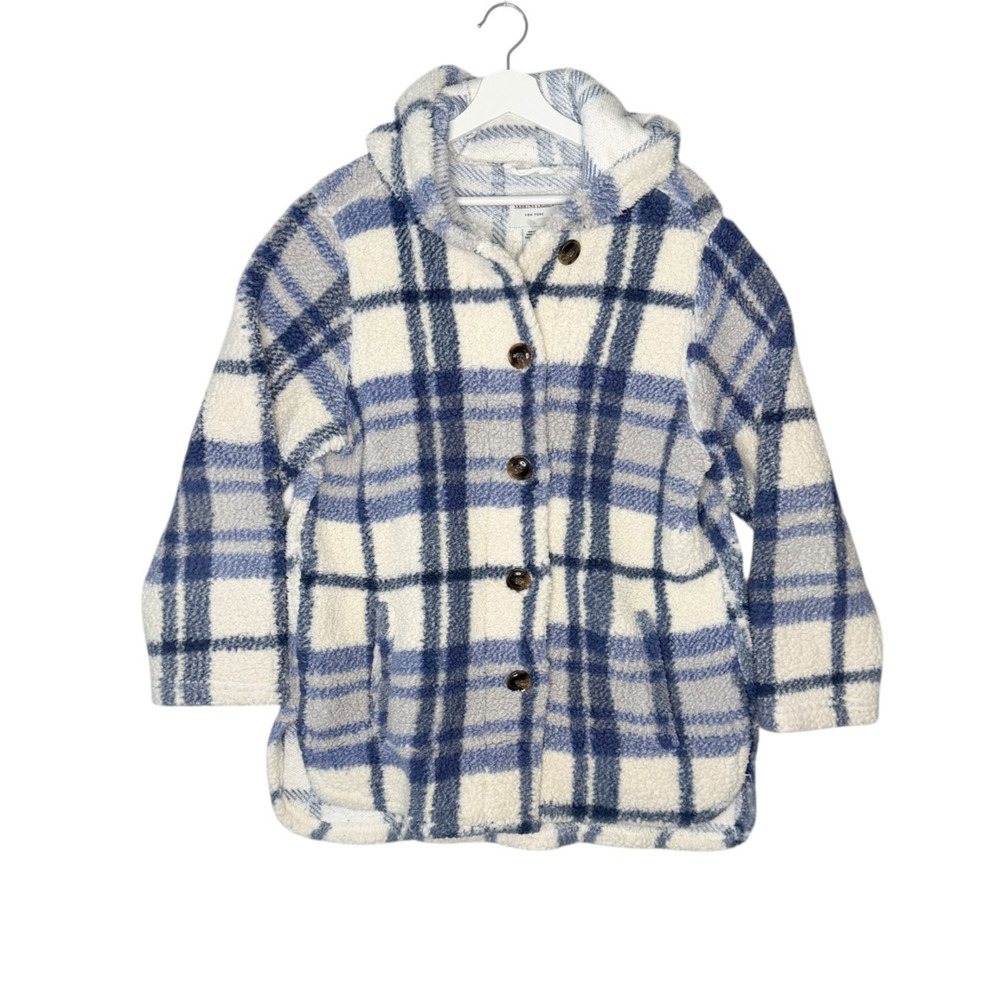 Sabrina Lauren Jacket Womens 1X teddy bear soft‎ jacket Blue Off White Plaid